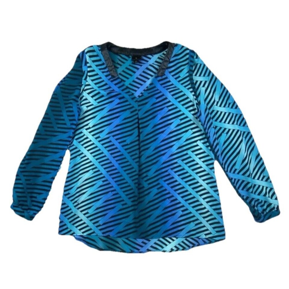 Worthington Women's Geometric Stripe Blouse Large Blue Black Pleat Wearable Art